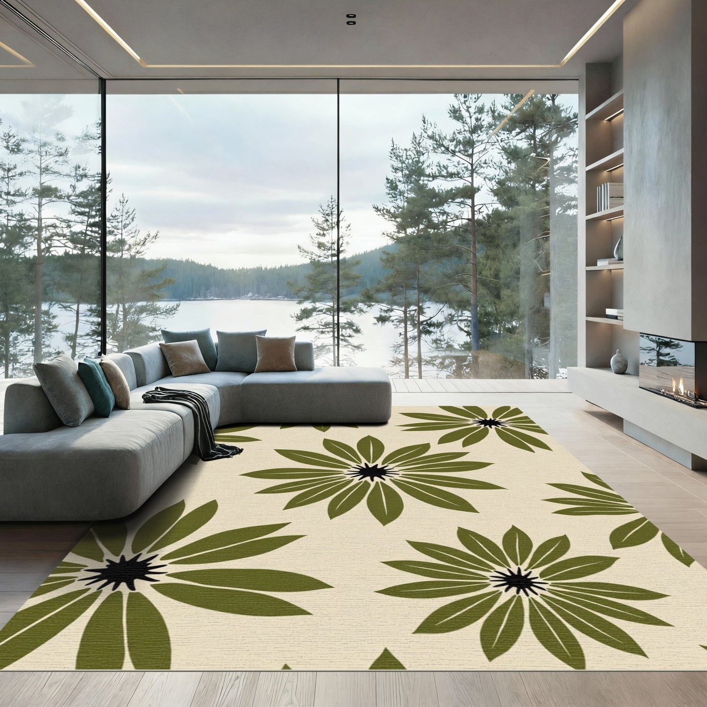 Olive Green Floral Sunburst Rug