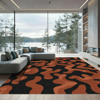 Terracotta Abstract Swirls on Black Rug