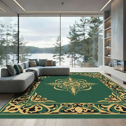 Emerald Green Golden Arabesque Frame Rug