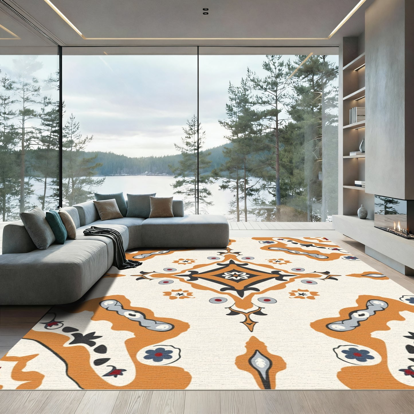 Orange Teal Medallion Floral Geometric Rug