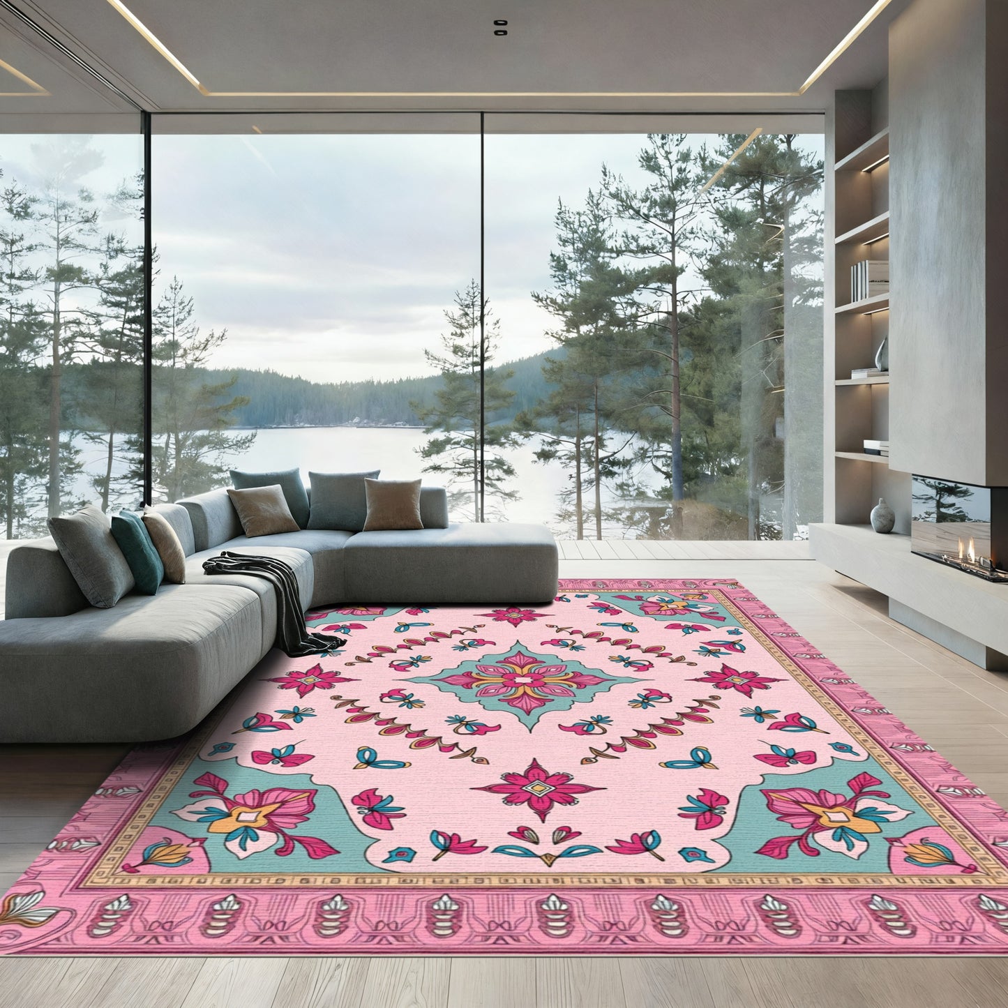 Pink Teal Floral Medallion Rug