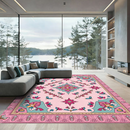 Pink Teal Floral Medallion Rug
