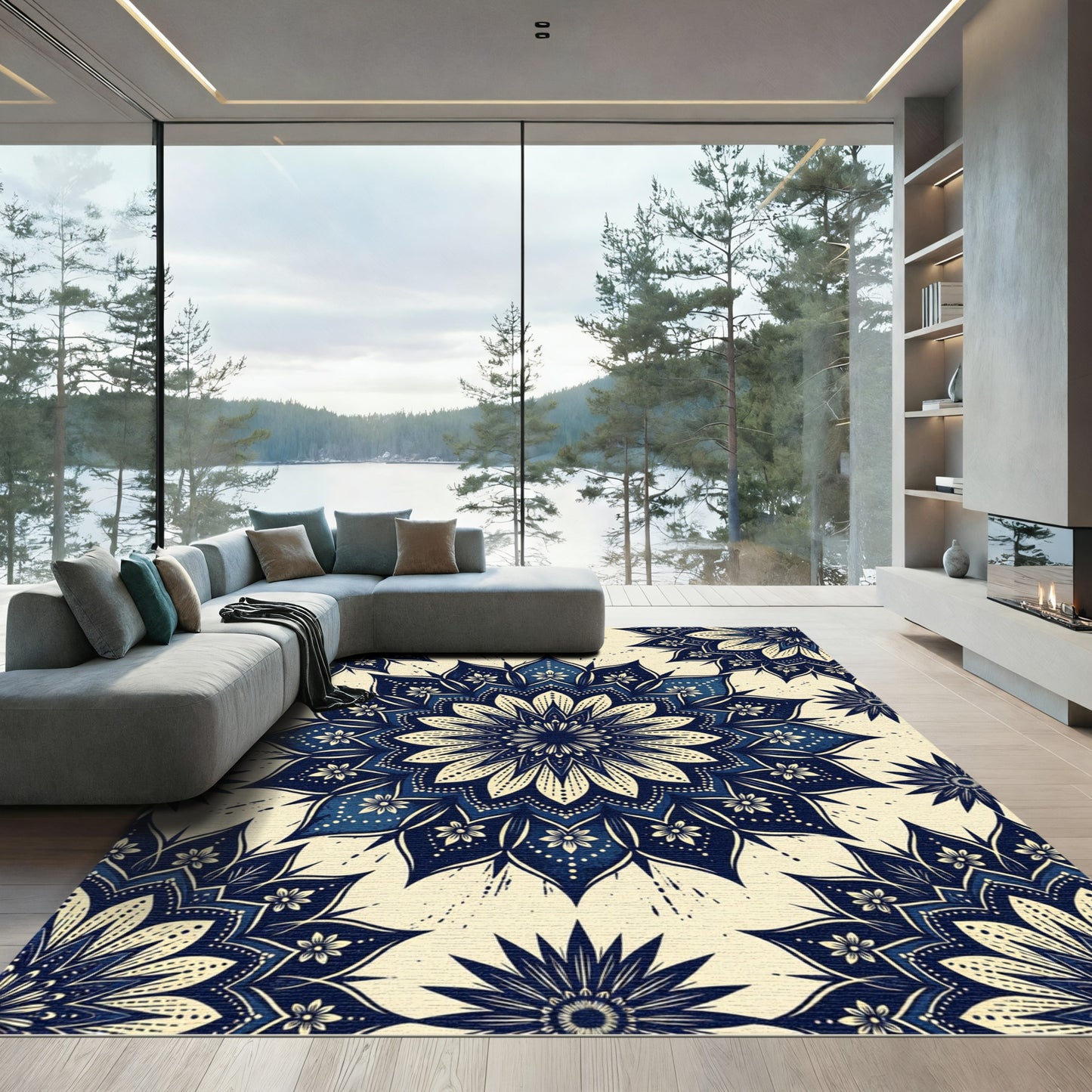Deep Blue Floral Mandala Harmony Rug