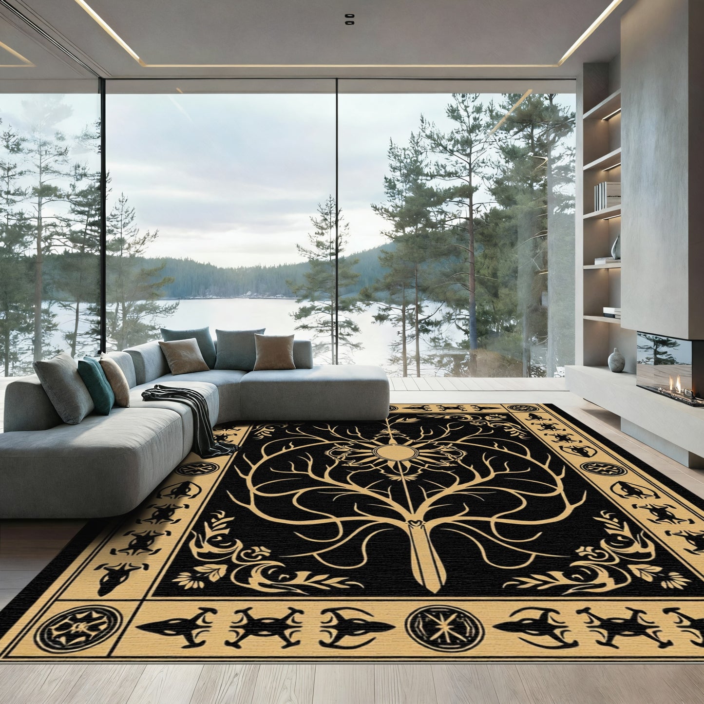 Majestic Black Gold Tree of Life Rug