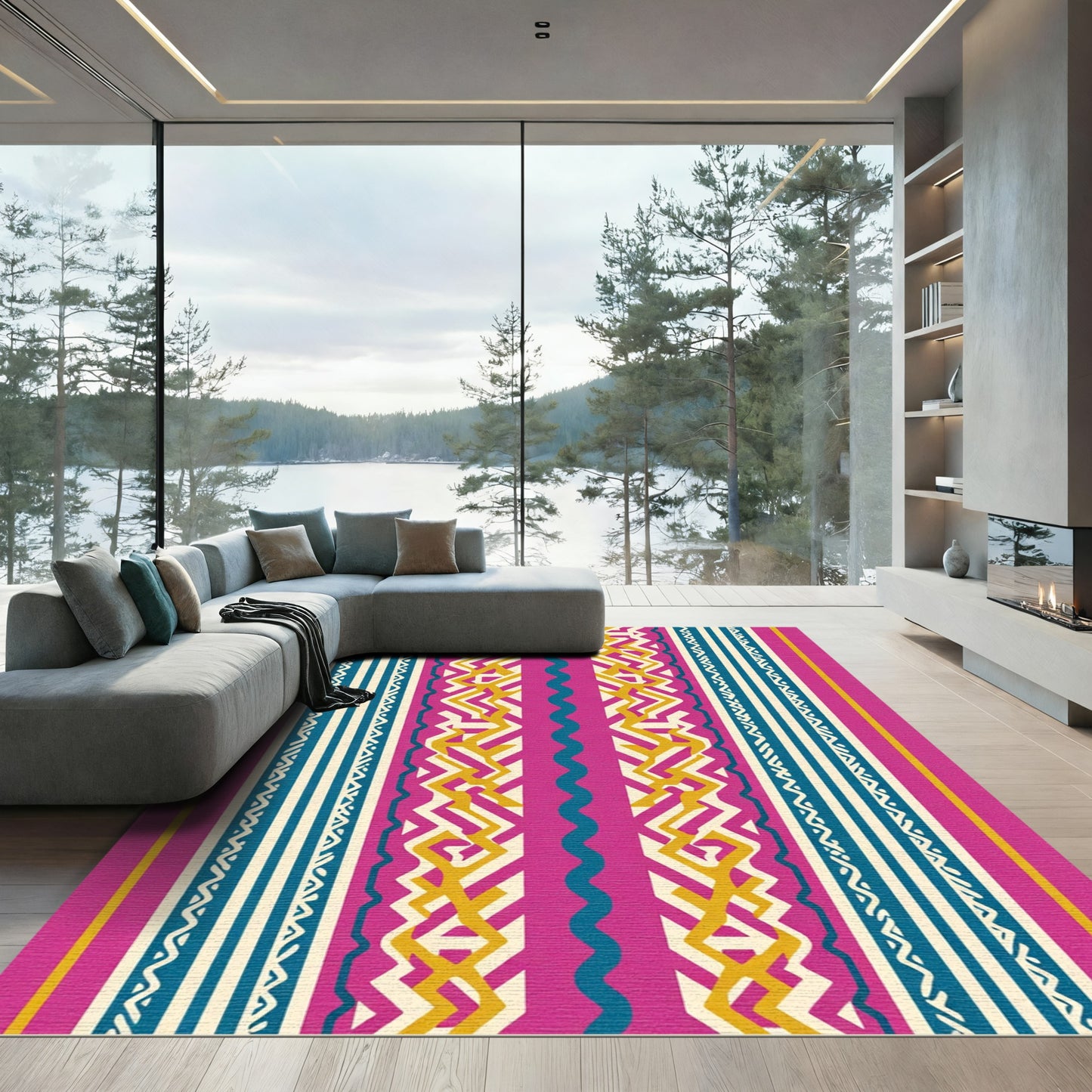 Vibrant Pink Geometric Tribal Stripes Rug