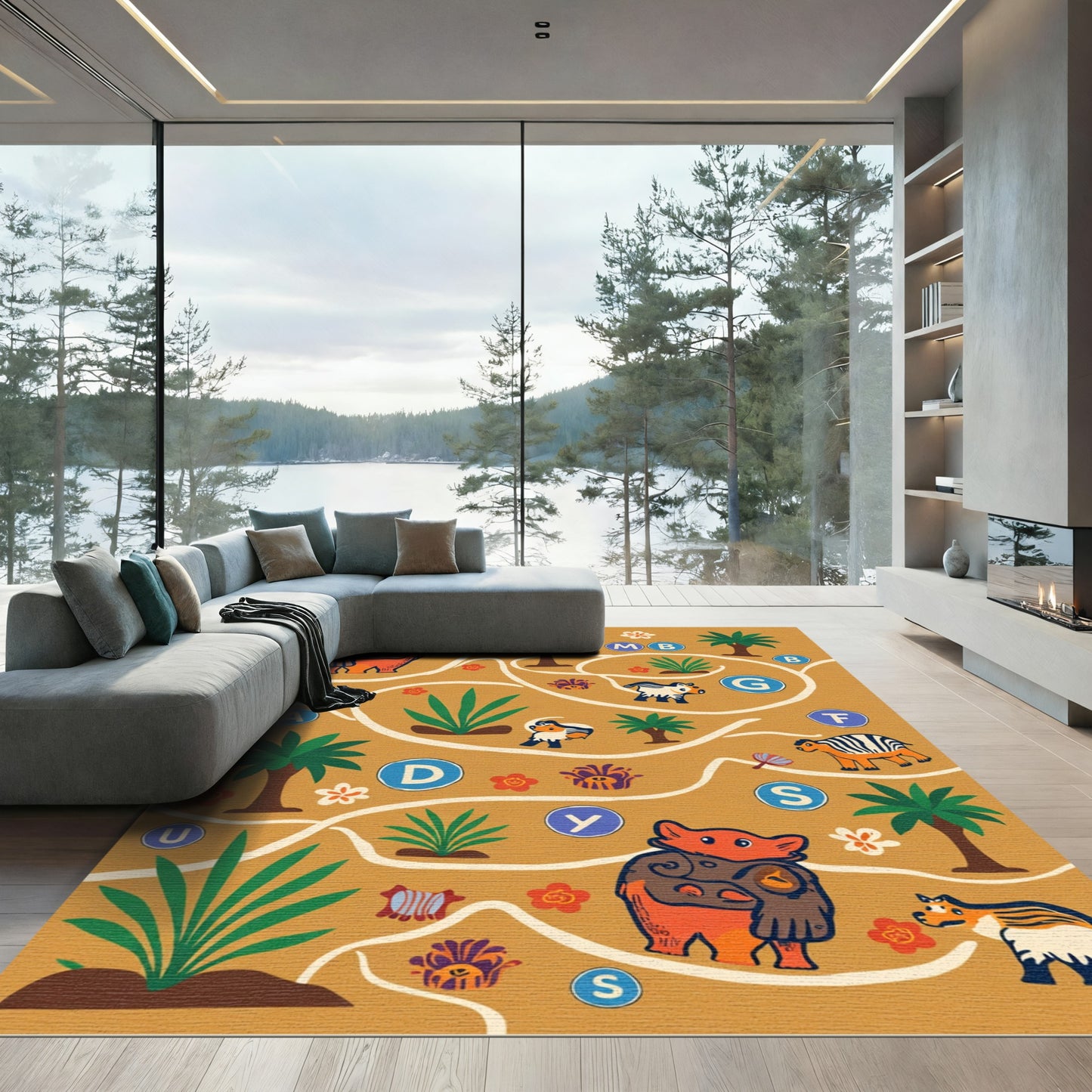 Whimsical Animals and Foliage Scene Rug