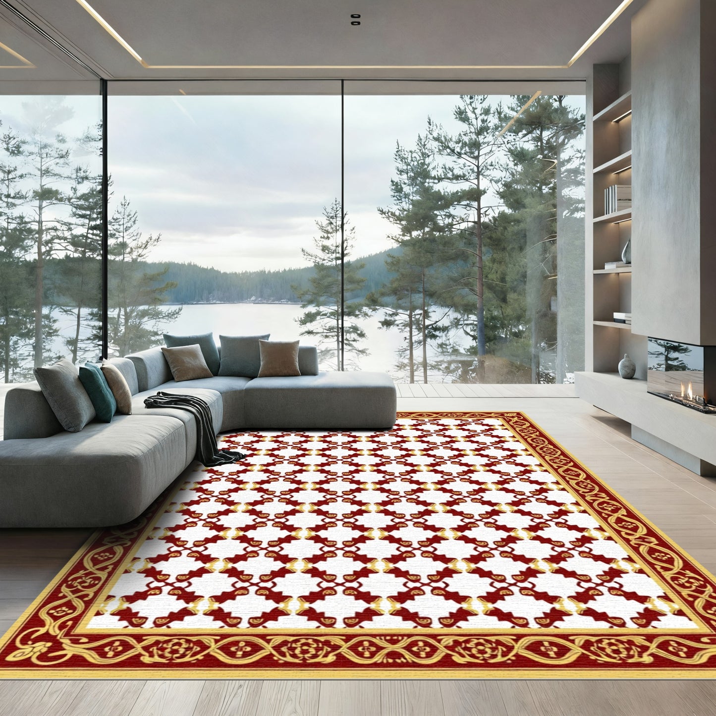Crimson Gold Geometric Lattice Border Rug