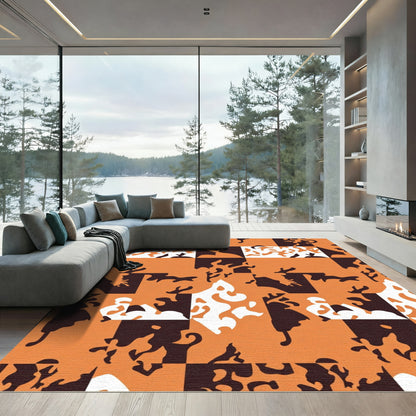 Abstract Orange Black White Camouflage Squares Rug