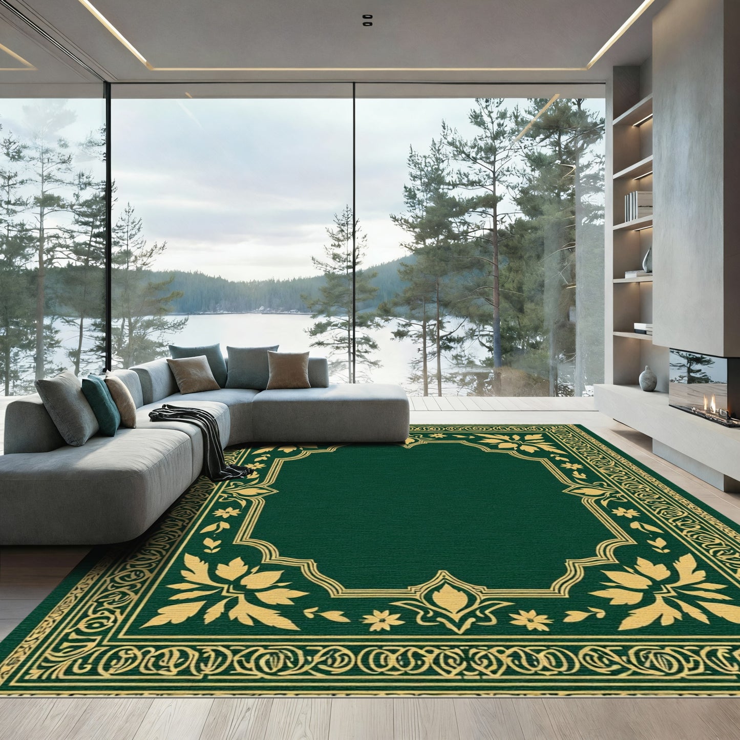 Emerald Gold Floral Arch Border Rug