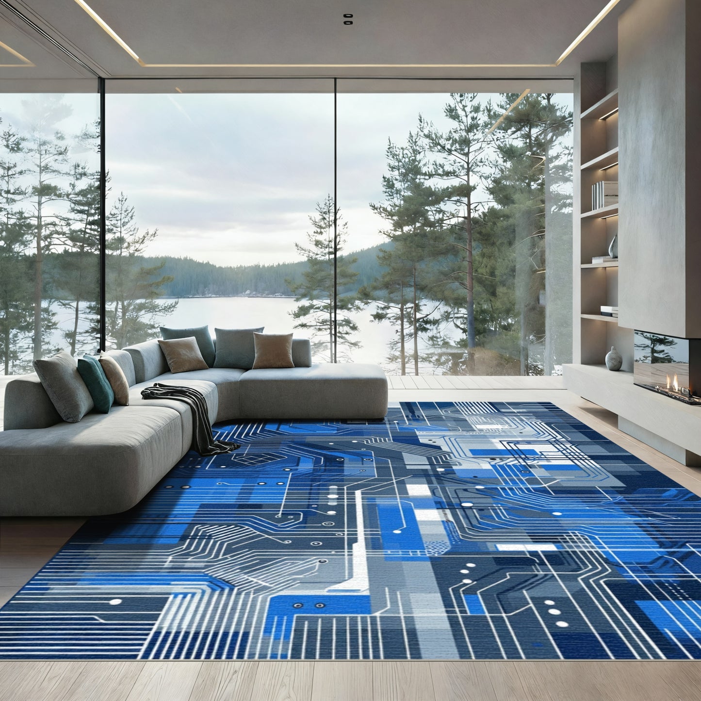 Abstract Blue Circuit Board Flow Rug