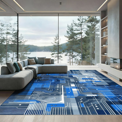 Abstract Blue Circuit Board Flow Rug