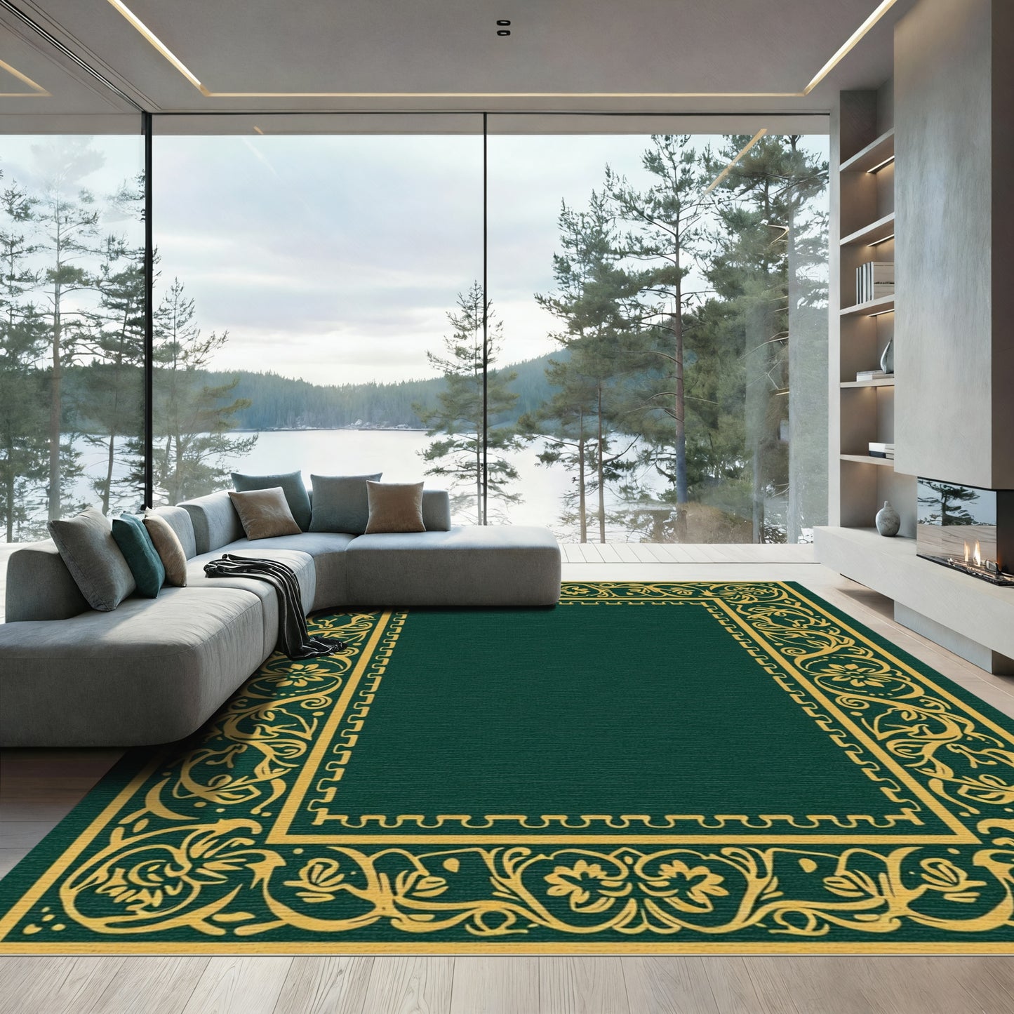 Ornate Gold Floral Vine Border Rug