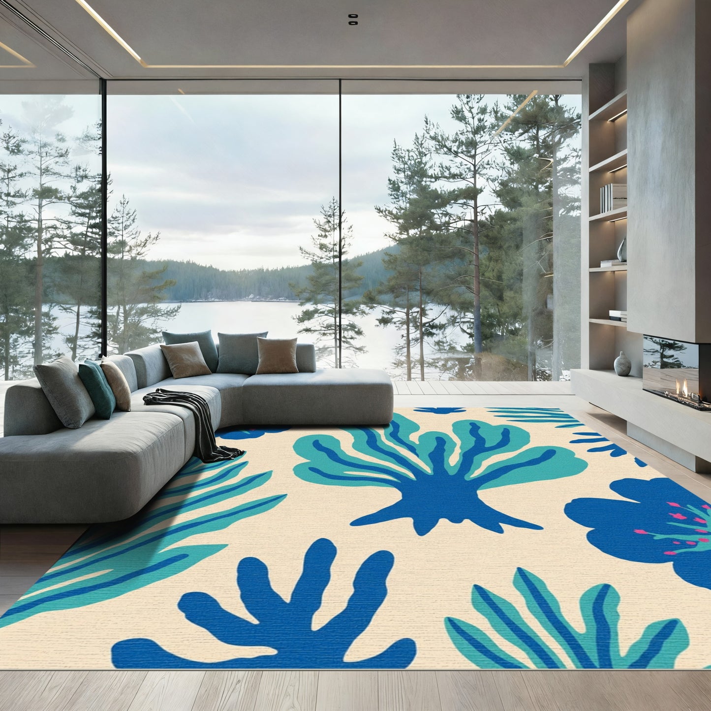 Abstract Blue Coral Floral Folk Rug