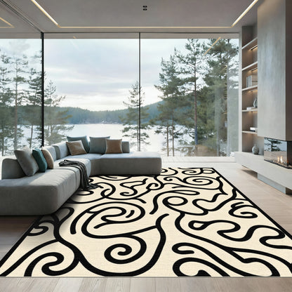 Cream Black Swirling Organic Flow Rug