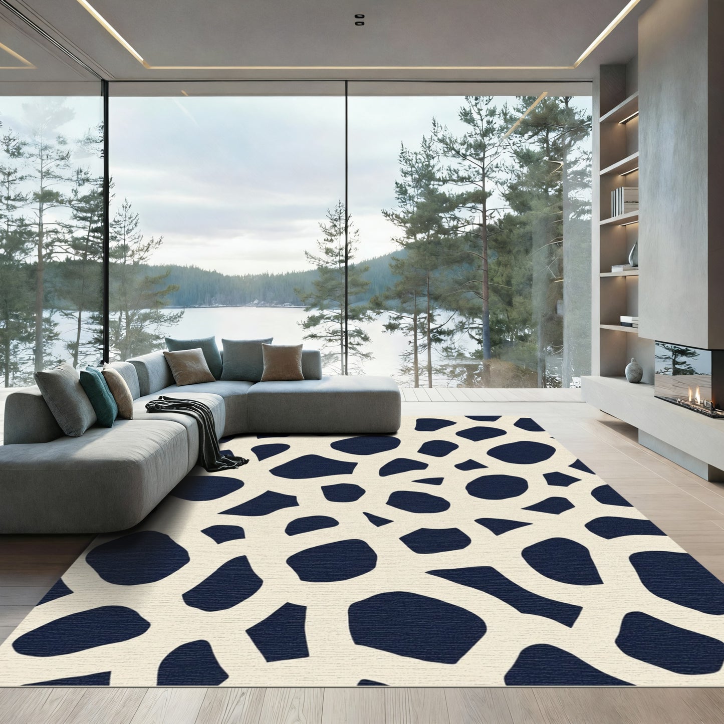 Cream Navy Irregular Organic Shapes Rug