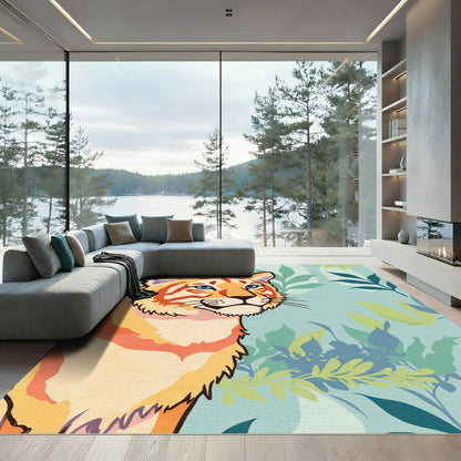 Vibrant Orange Tiger Jungle Leaves Rug
