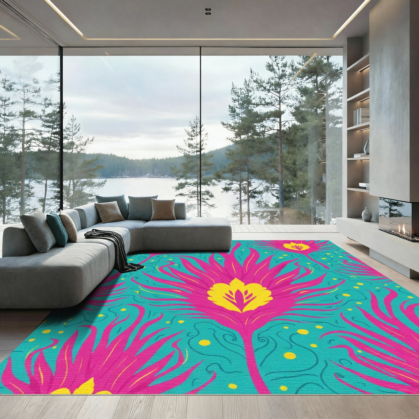 Vibrant Pink Yellow Floral Swirl Rug