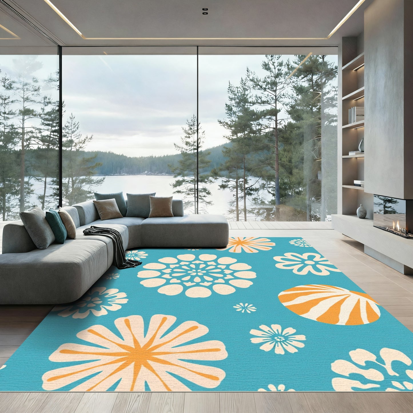 Retro Orange And White Floral Round Rug