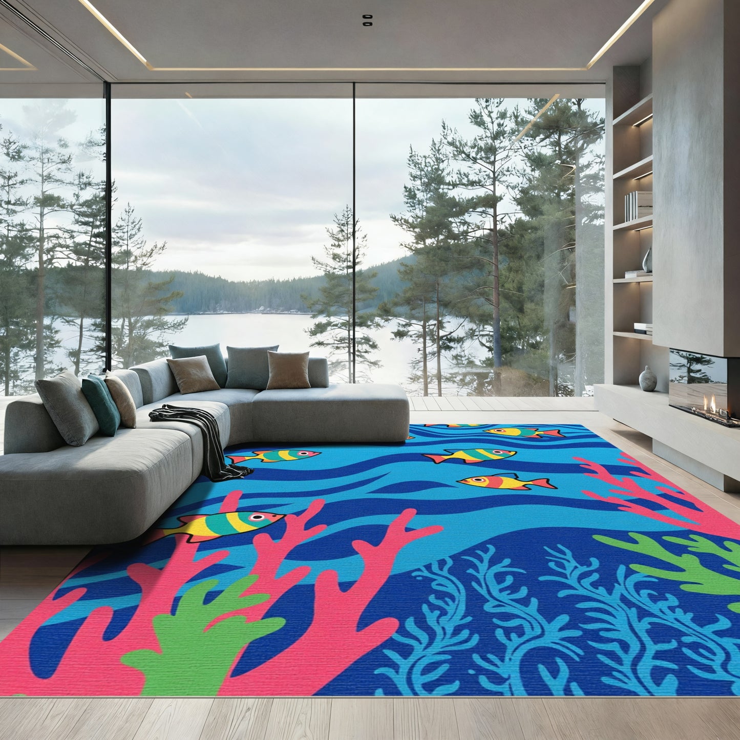 Playful Yellow Striped Fish Coral Reef Rug