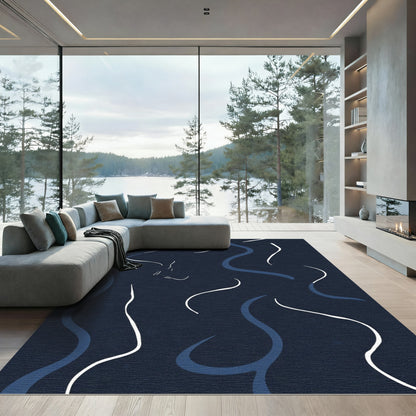 Minimalist Blue White Abstract Swirls Rug