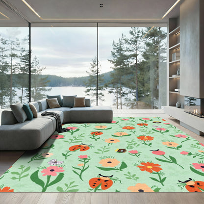 Whimsical Ladybug Floral Garden Pattern Rug