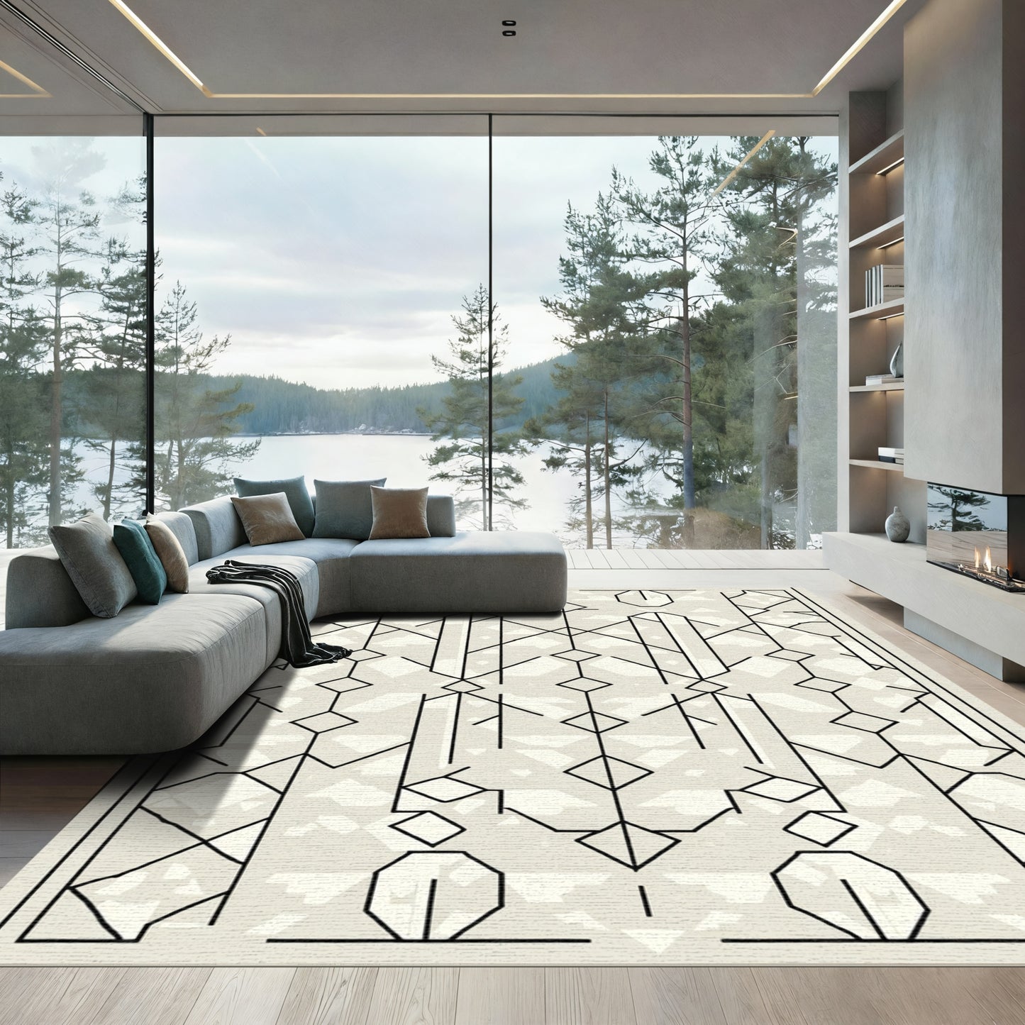 Cream Black Geometric Art Deco Lines Rug