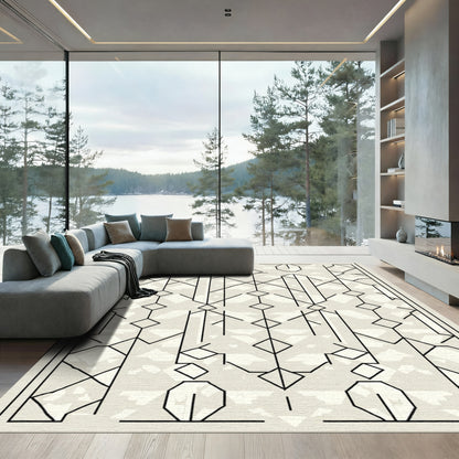 Cream Black Geometric Art Deco Lines Rug