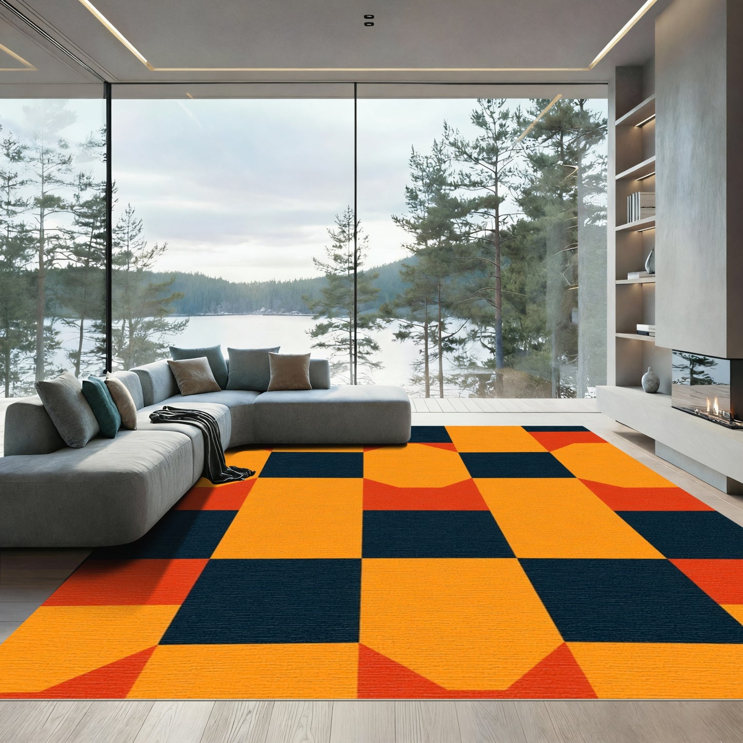 Orange and Navy Geometric Blocks Rug