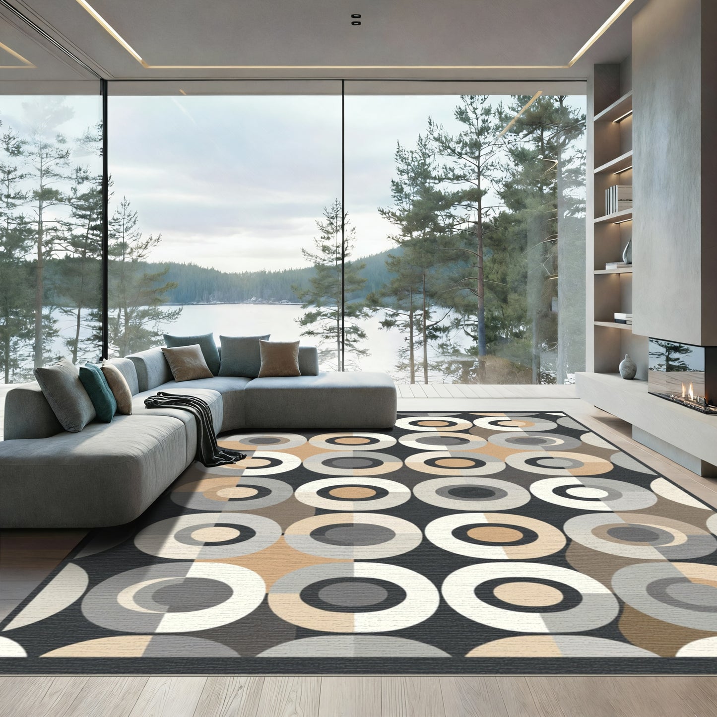 Retro Taupe Gray Concentric Circles Rug