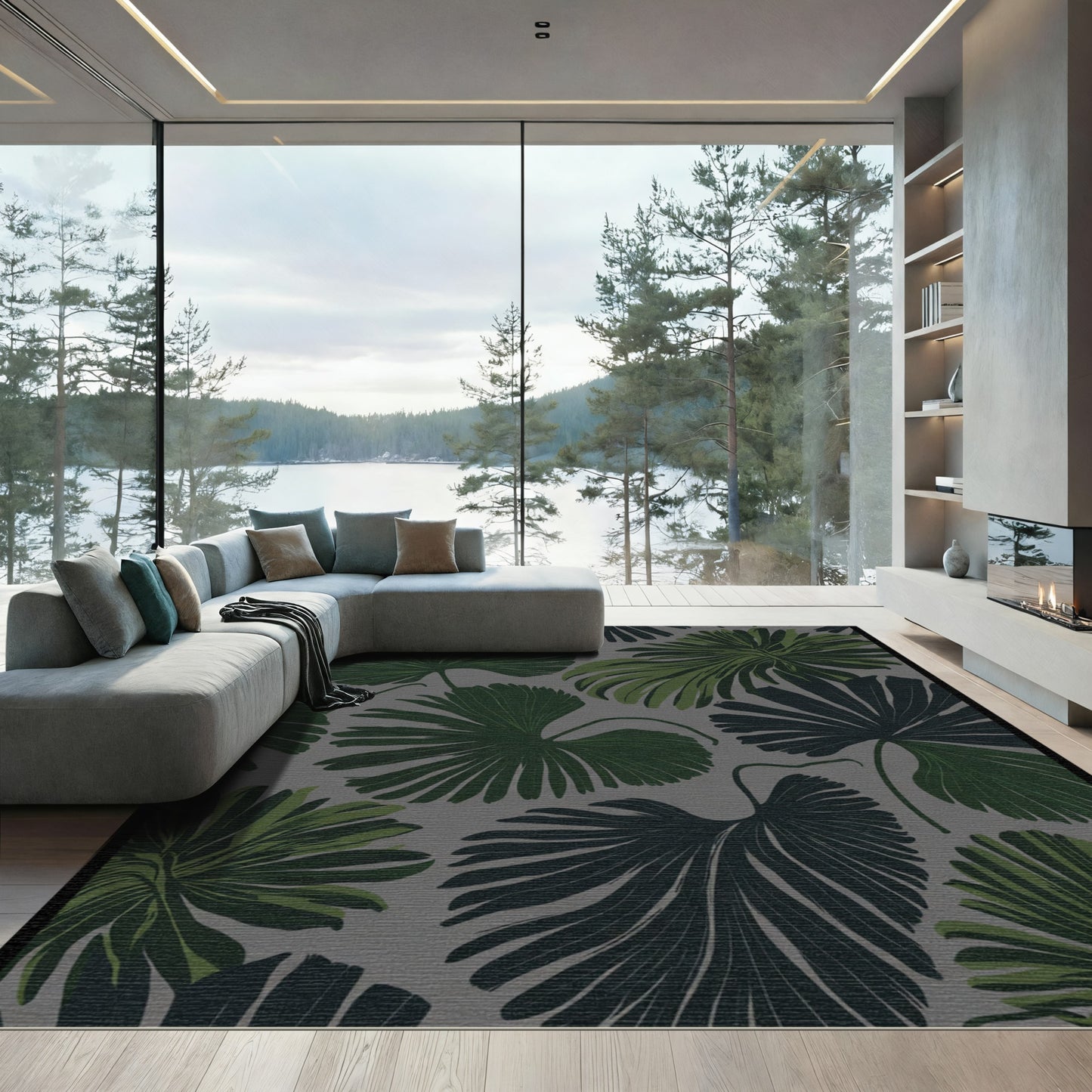 Deep Green Tropical Palm Leaf Rug