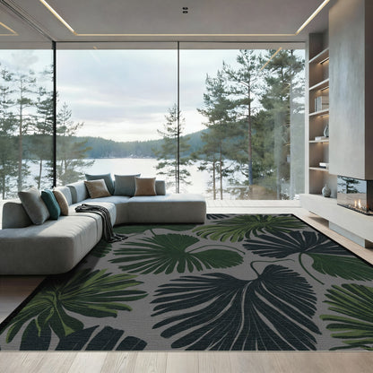 Deep Green Tropical Palm Leaf Rug