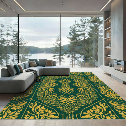 Deep Emerald Golden Floral Medallion Rug