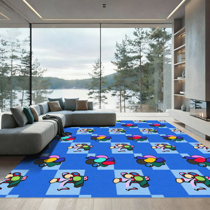 Blue Checkerboard Cartoon Character Rug