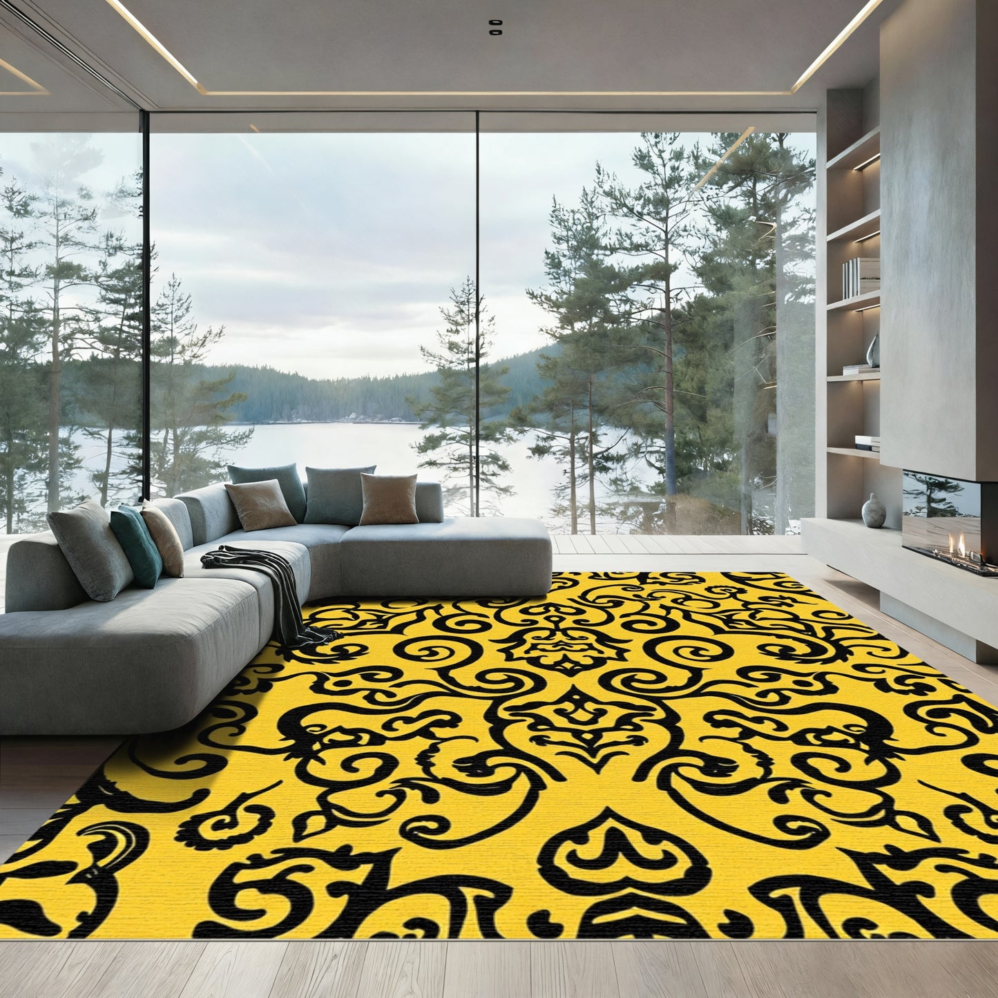 Bold Black Damask Yellow Ornament Rug