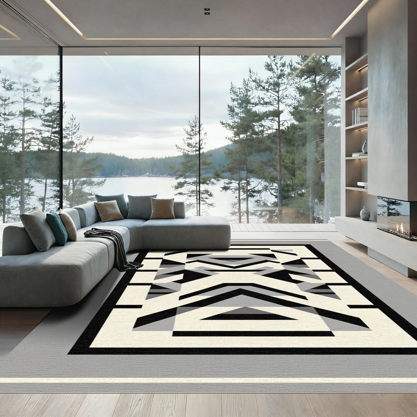 Geometric Black Cream Gray Abstract Forms Rug