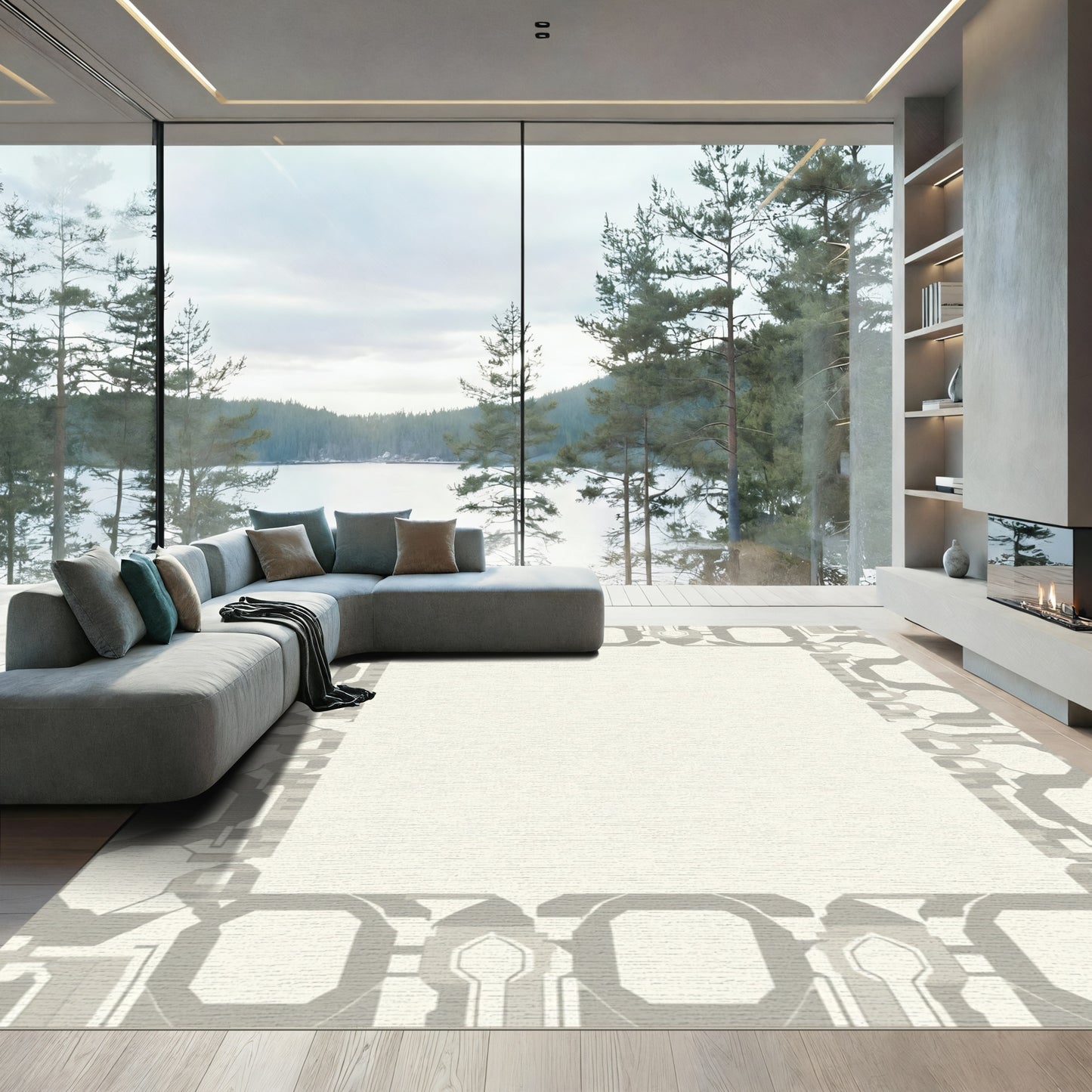Geometrical Gray Sci Fi Border Rug