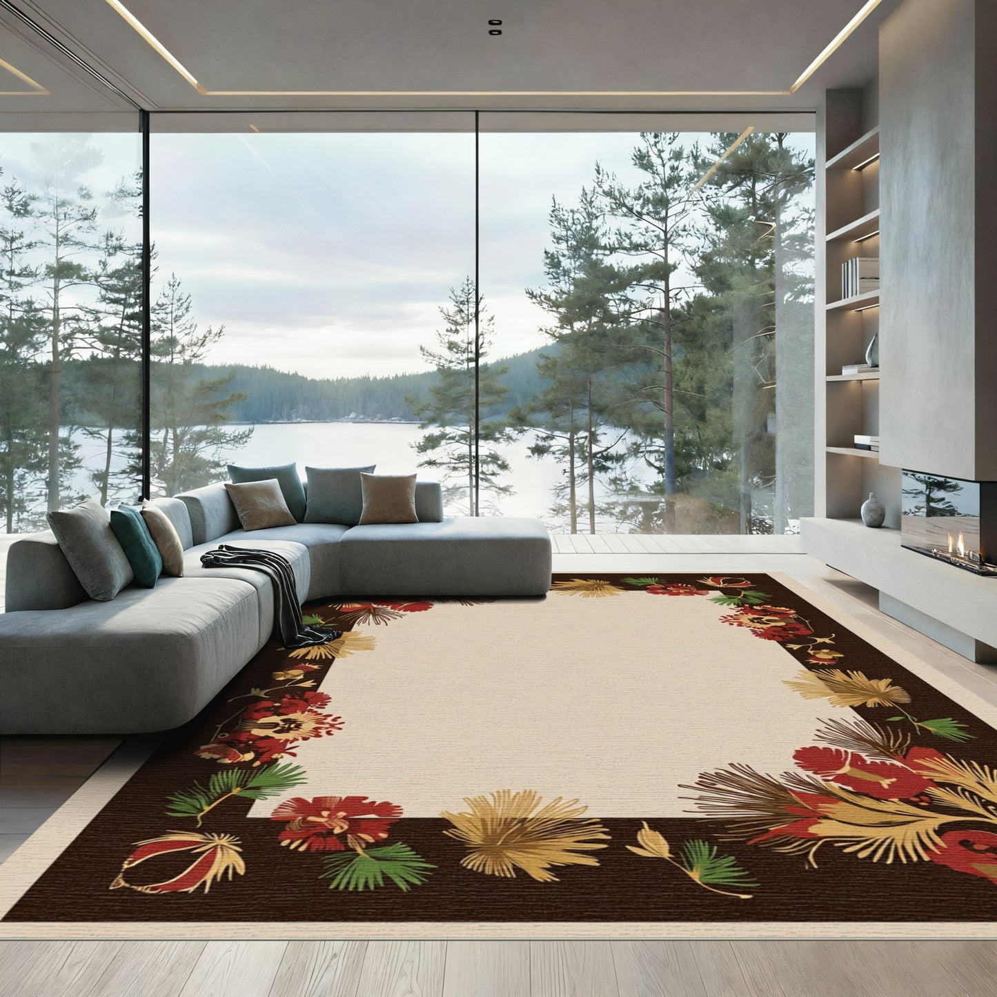Dark Brown Red Gold Floral Border Rug