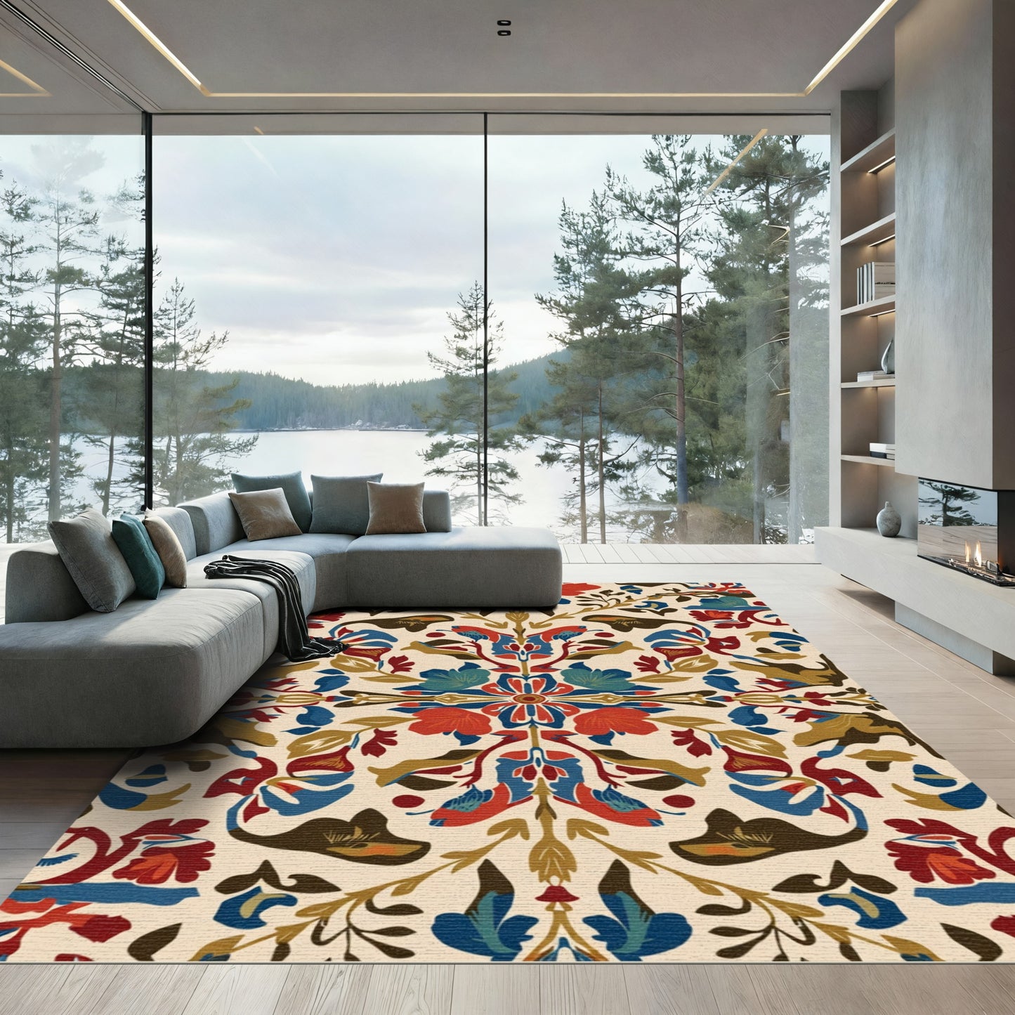 Rustic Red Blue Floral Medallion Rug