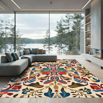 Rustic Red Blue Floral Medallion Rug