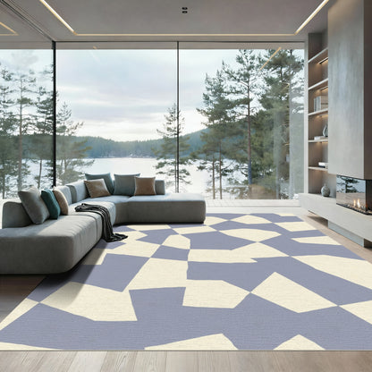 Soft Blue and Cream Irregular Grid Rug