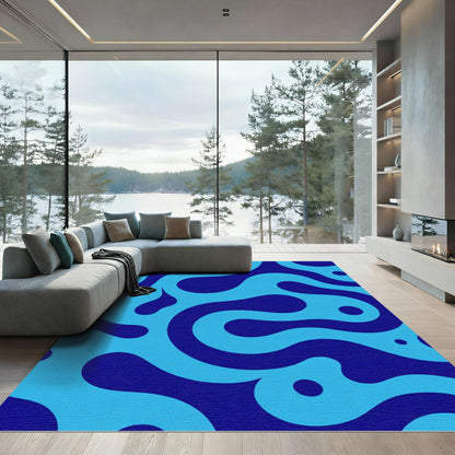 Oceanic Deep Blue Amoeba Blob Swirls Rug