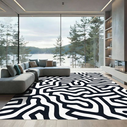Black White Abstract Maze Rug
