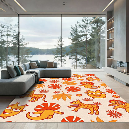 Whimsical Jungle Friends Orange Leaf Rug