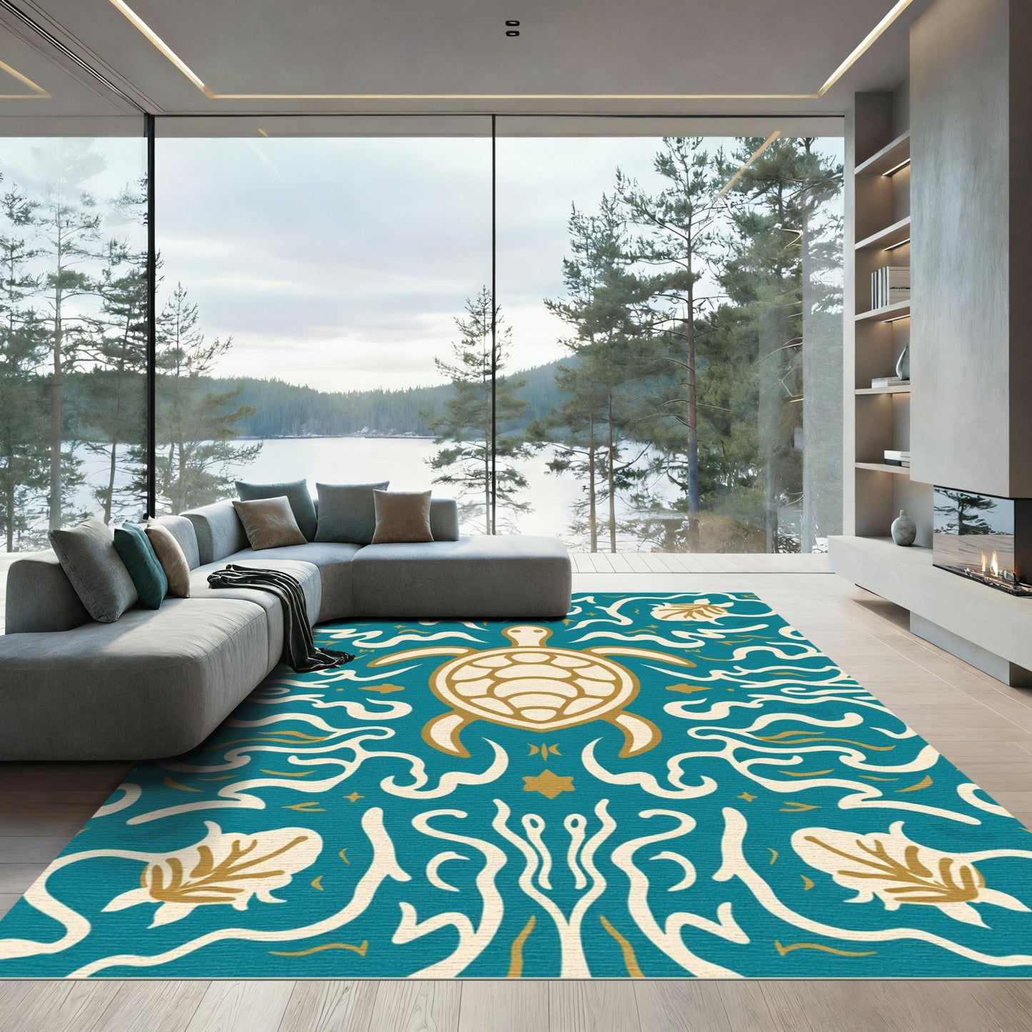 Deep Teal Turtle Wave Garden Rug