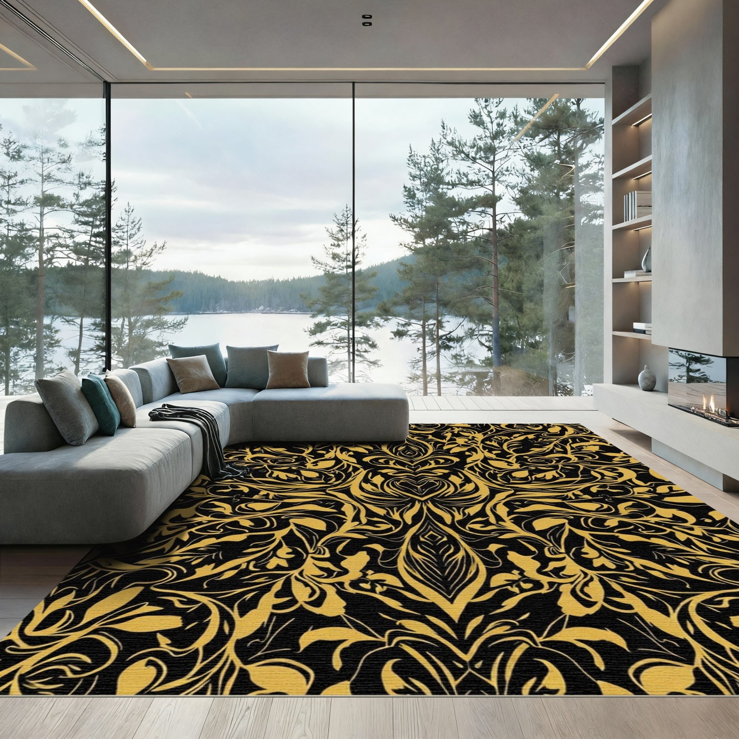 Black Golden Flourishing Organic Swirls Rug