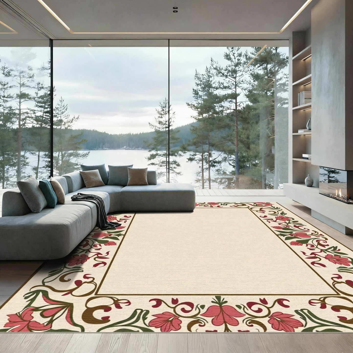 Ornate Crimson Floral Vine Border Rug