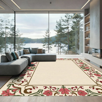 Ornate Crimson Floral Vine Border Rug