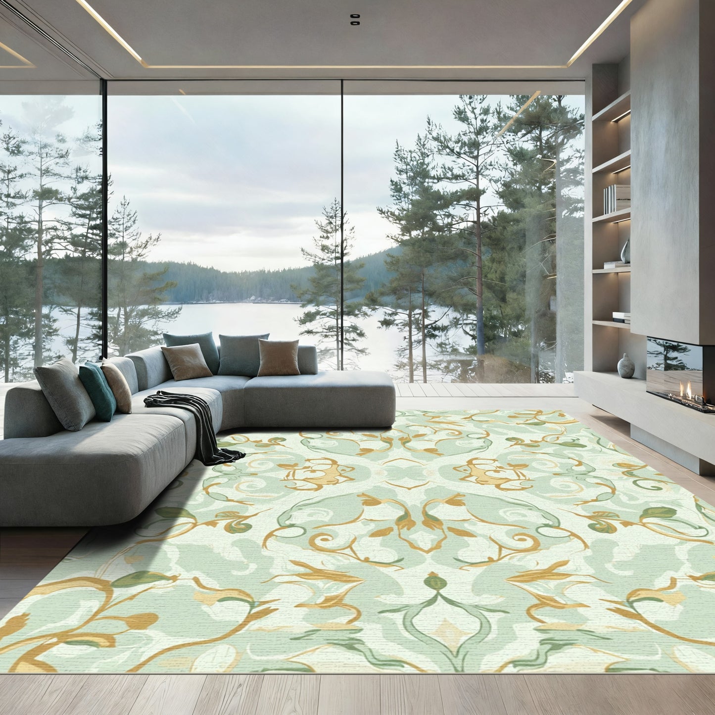 Pale Aqua Gold Scrollwork Floral Harmony Rug