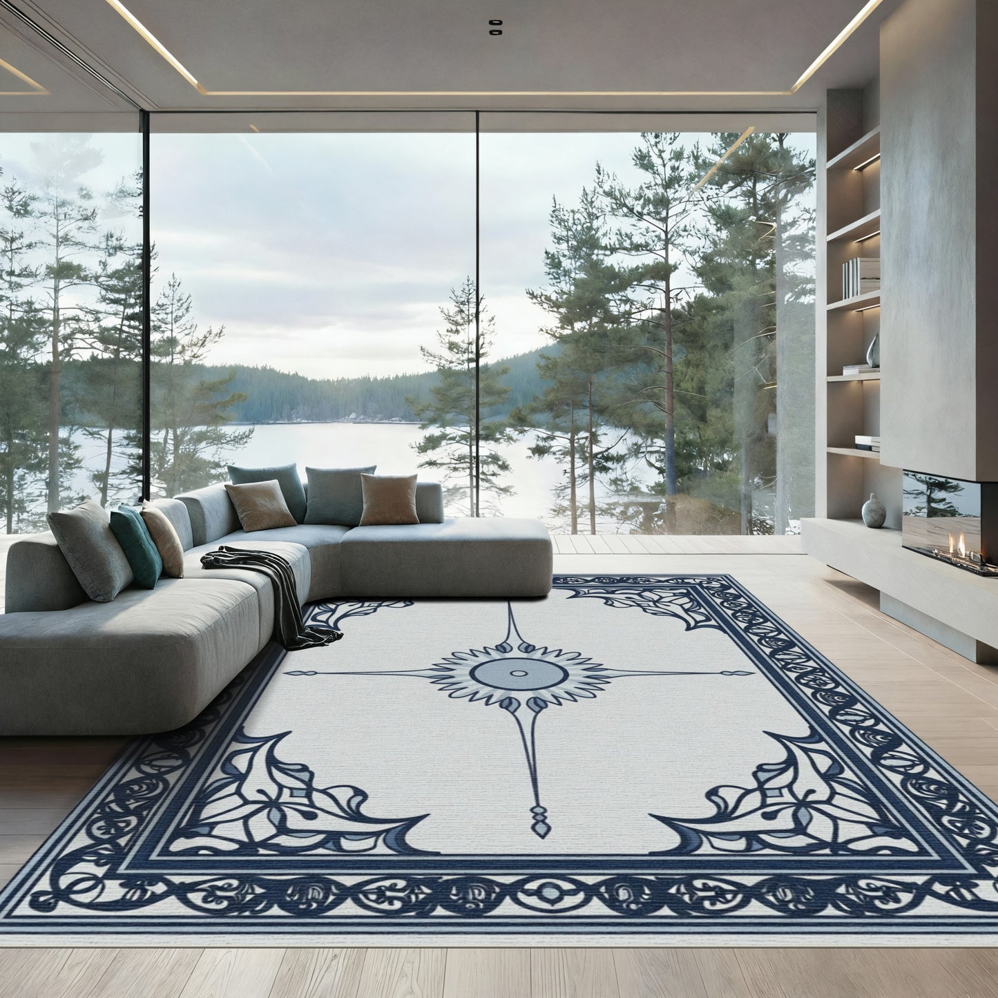 Ornate Navy Blue Central Star Rug