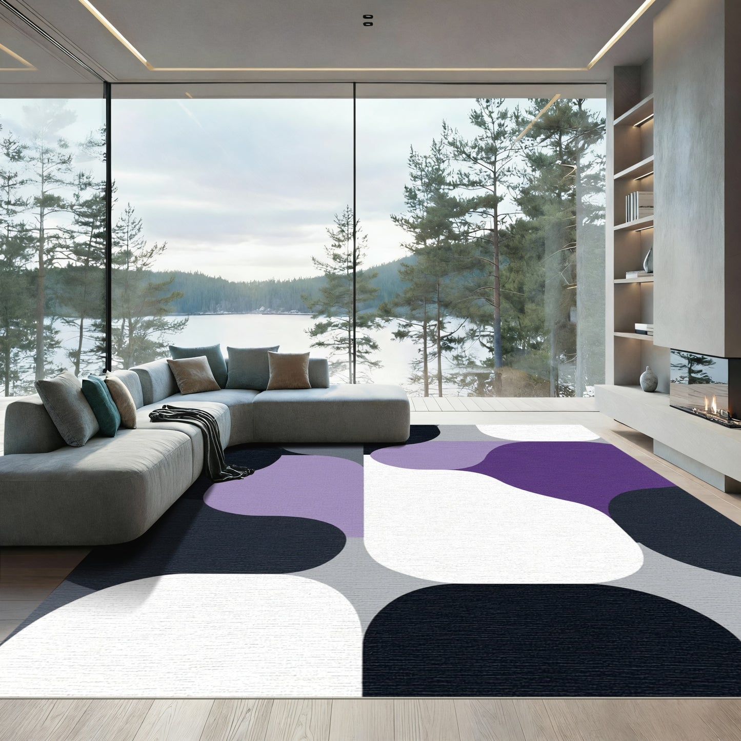 Modern Purple Gray Abstract Organic Forms Rug